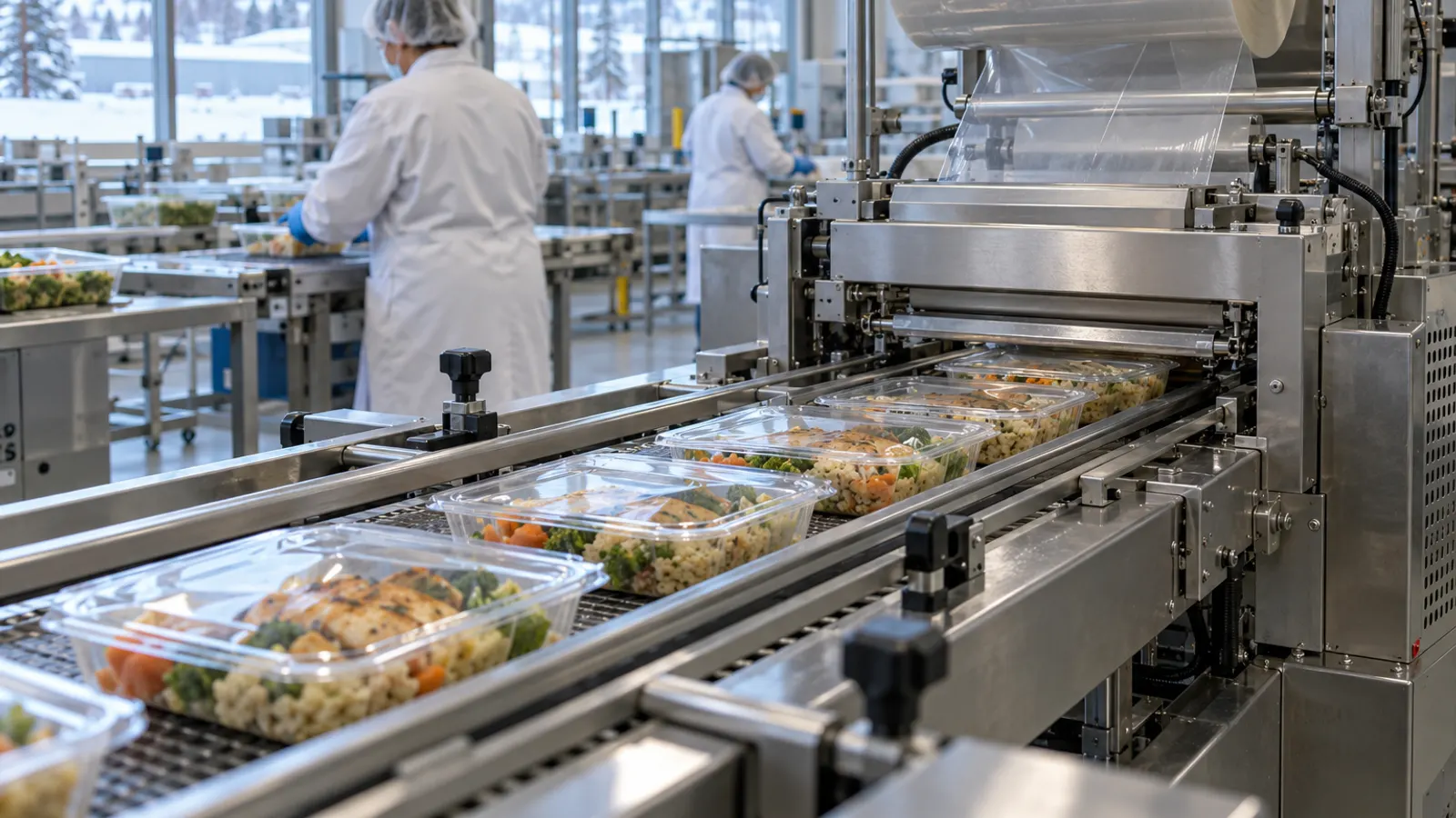 Automated packaging line sealing trays in a food processing plant