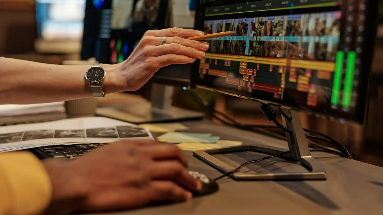 Professional using video-editing software during a digital content production.