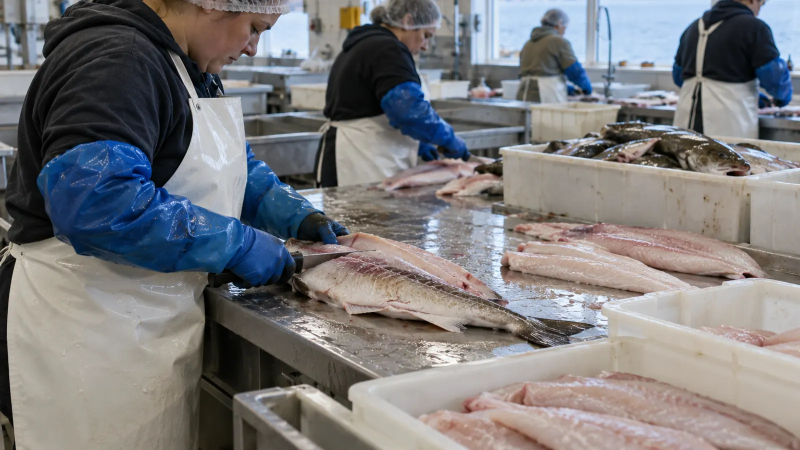 Workers in aprons and hairnets preparing fish fillets on a processing line
