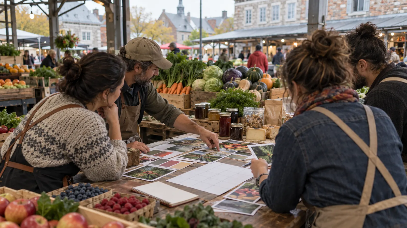 Producteurs et transformateurs réunis autour d'une table dans un marché public pour planifier une campagne commune