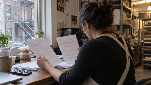 Owner of a small food business comparing MAPAQ grant forms on an office table