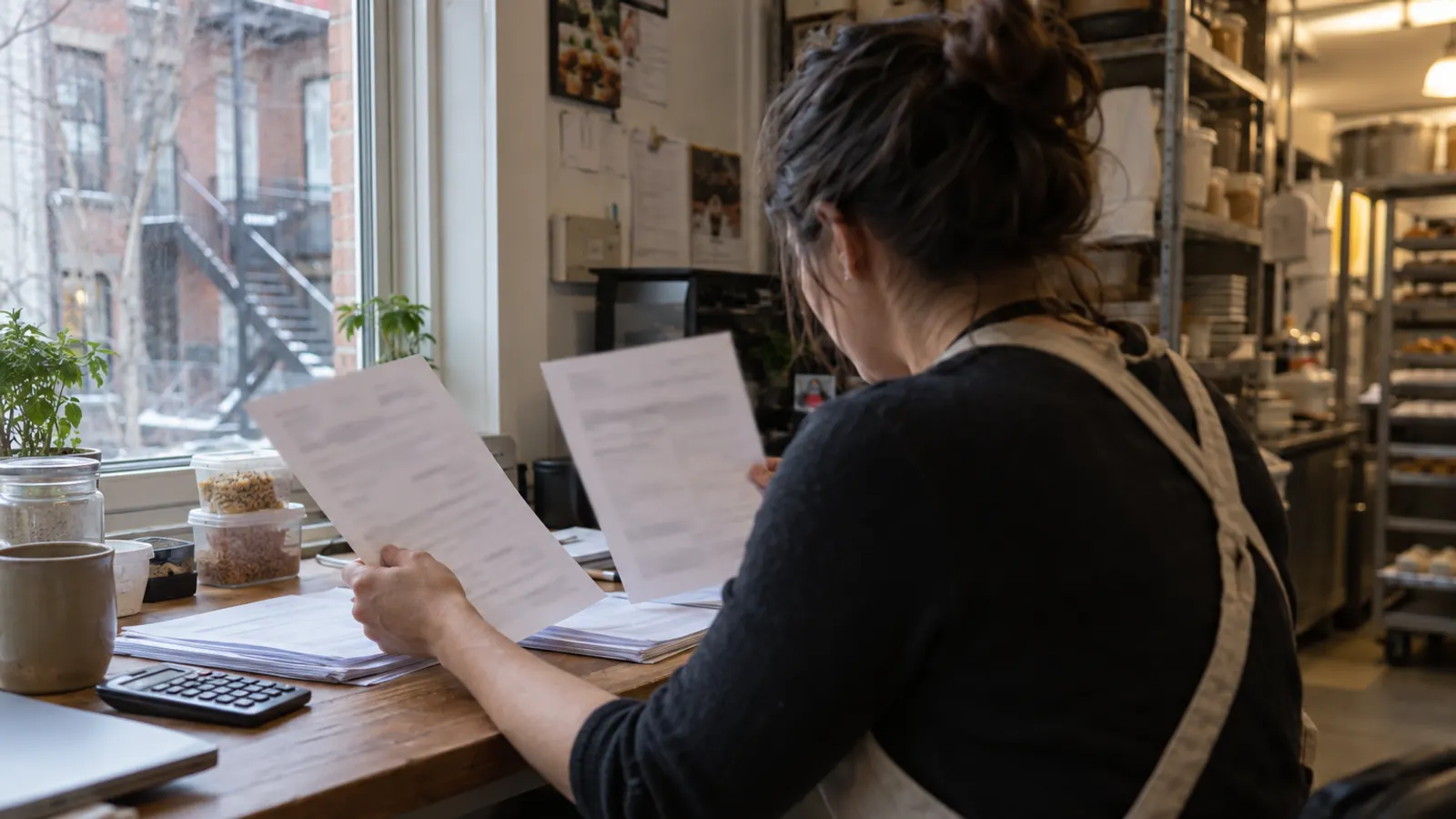 Owner of a small food business comparing MAPAQ grant forms on an office table