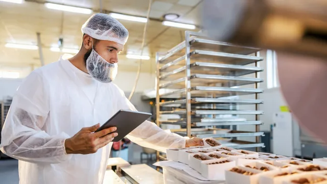Employee checking products on a tablet in a plant, a project covered by food processing grants
