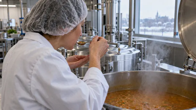 Food technologist in a lab coat and hairnet tasting soup beside large kettles in a production kitchen