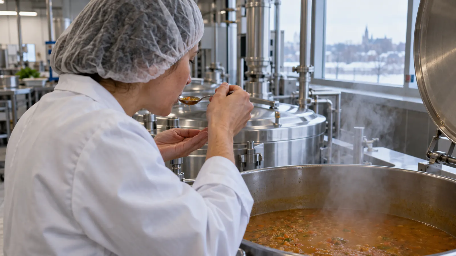 Technologue en sarrau et filet à cheveux qui goûte une soupe près de grandes marmites dans une cuisine de production